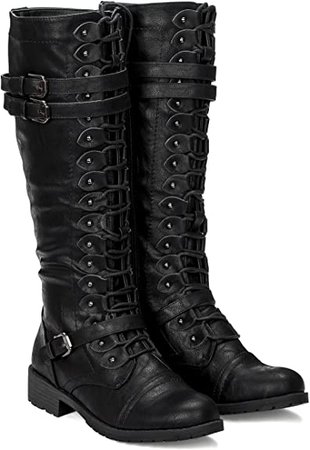 Amazon.com | ILLUDE Women's Knee High Lace Up Buckle Military Combat Boots | Knee-High