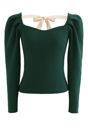 Gigot Sleeve Square Neck Crop Knit Top in Green - Retro, Indie and Unique Fashion