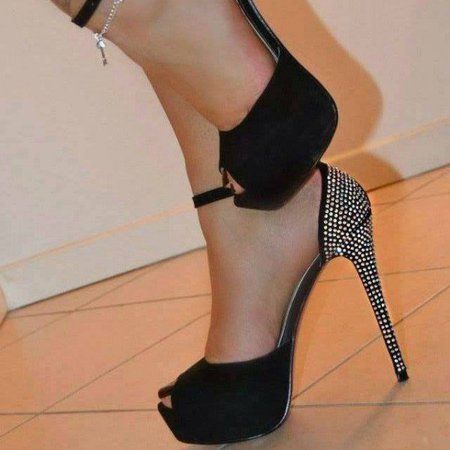 Women's Leila Black Rhinestone Stiletto Heels Ankle Strap Sandals for Dancing club, Music festival | FSJ