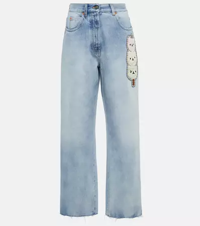 Embroidered Wide Leg Denim Jeans in Blue - Gucci | Mytheresa