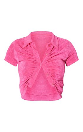 Hot Pink Acetate Slinky Short Sleeve Shirt | PrettyLittleThing USA