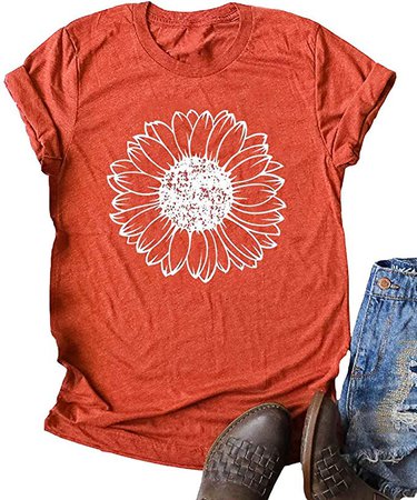 Earlymemb Womens Wildflower Shirts Fall Casual Short Sleeve Dandelion Printed Graphic Tees Tops at Amazon Women’s Clothing store