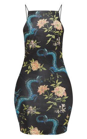 Black Oriental Print Bodycon Dress | Dresses | PrettyLittleThing USA