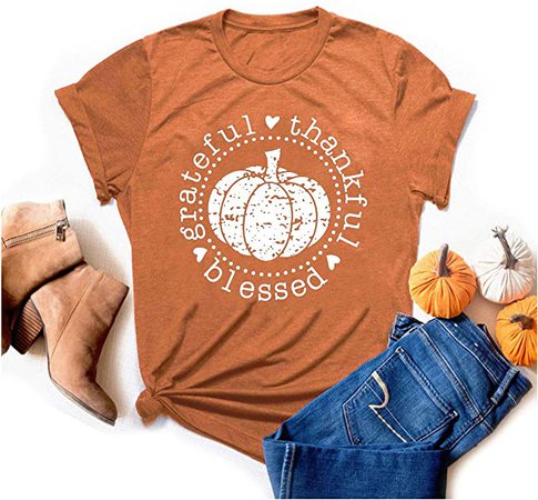CYNICISMILE Grateful Thankful Blessed Thanksgiving Shirts for Women Short Sleeve Tops Tee (XL, Burnt Orange2) at Amazon Women’s Clothing store