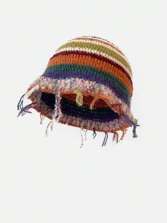 A Y2k Rainbow Striped Knitted Hat With Tassels, Suitable For Any Seasons, Ins Handmade Woolen Cap | SHEIN USA