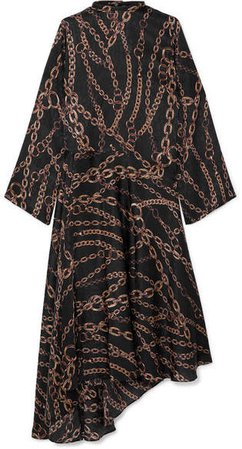Asymmetric Printed Pleated Silk-jacquard Midi Dress - Black