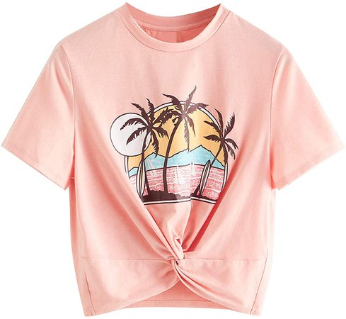 MakeMeChic Women's Summer Crop Top Solid Short Sleeve Twist Front Tee T-Shirt Pink Tropical XS at Amazon Women’s Clothing store