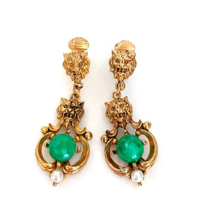RESERVED Gold Tone & Peking Glass Dangle Earrings Dimensional | Etsy