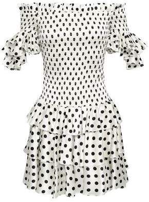 Off-the-shoulder Smocked Polka-dot Silk-blend Satin Mini Dress