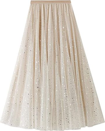 Amazon.com: Women Tutu Tulle Skirt Elastic High Waist Layered Skirt Floral Print Mesh A-Line Midi Skirt (Star Beige, One Size) : Clothing, Shoes & Jewelry