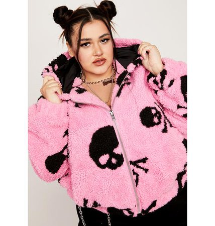 Plus Size Current Mood Skull Print Hooded Sherpa Jacket - Pink | Dolls Kill