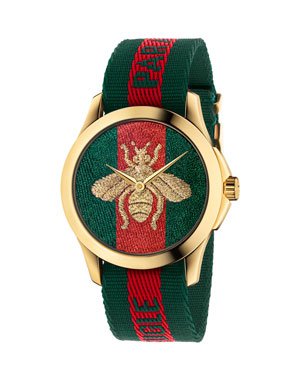 Gucci Men's 38mm Signature Bee Watch w/ Leather Strap | Neiman Marcus