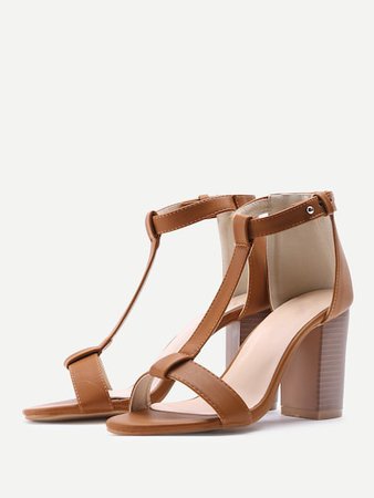 T-strap PU Block Heeled Sandals | SHEIN