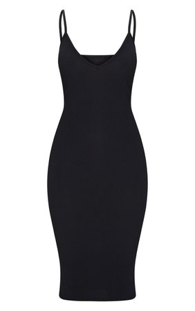 Black Ribbed Plunge Midi Dress | Dresses | PrettyLittleThing USA