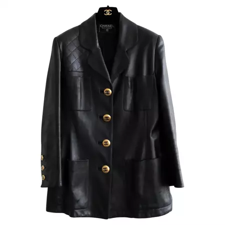 Chanel Vintage Fall 1992 Black Quilted Gold CC Leather Jacket For Sale at 1stDibs