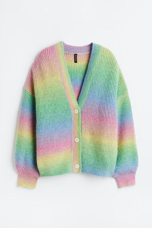 Oversized Rib-knit Cardigan - Purple/Rainbow-striped - Ladies | H&M US