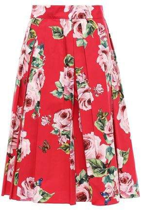 Pleated Floral-print Cotton-poplin Midi Skirt