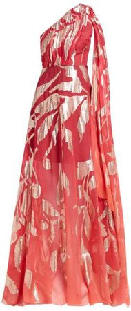 Leaf Jacquard Asymmetric Silk Blend Chiffon Gown - Womens - Red Gold