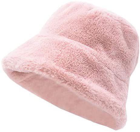 Women Winter Plush Bucket Hat Warm Solid Color Faux Fur Fisherman Cap Pink at Amazon Women’s Clothing store