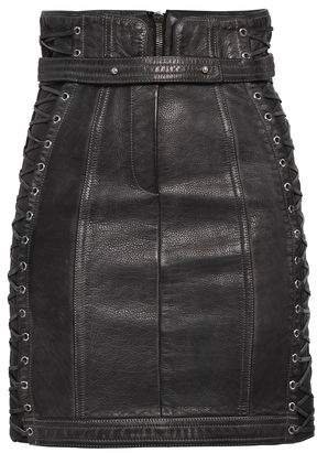 Lace-up Pebbled-leather Mini Skirt