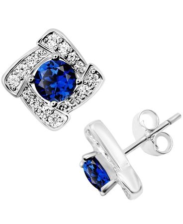 Essentials Blue Glass & Cubic Zirconia Square Halo Stud Earrings in Silver-Plate & Reviews - Earrings - Jewelry & Watches - Macy's