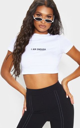 White I Am Enough Slogan Crop T-Shirt | Tops | PrettyLittleThing