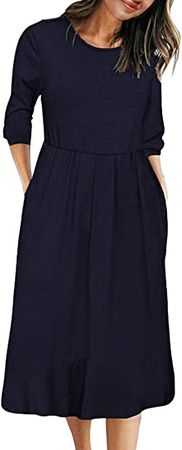MEROKEETY Women's 3/4 Balloon Sleeve Striped High Waist T Shirt Midi Dress with Pockets at Amazon Women’s Clothing store