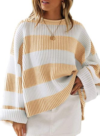 ZESICA Women's Long Sleeve Crew Neck Striped Color Block Comfy Loose Oversized Knitted Pullover Sweater at Amazon Women’s Clothing store