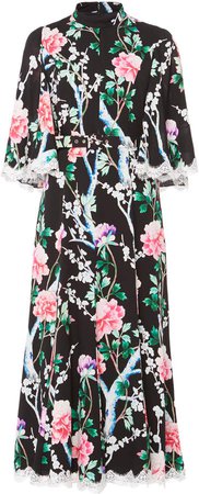 Lace-Trimmed Floral Midi Dress