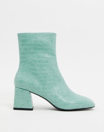 Monki croc print ankle boots with block heel in mint green | ASOS
