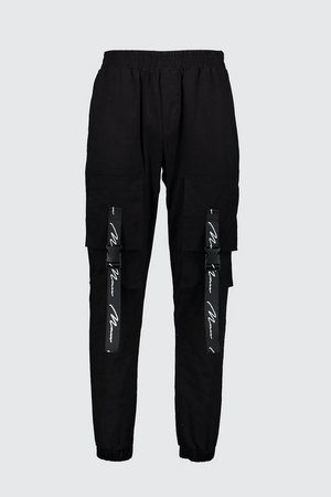 MAN Branded Strap Cargo Pocket Trousers | Boohoo