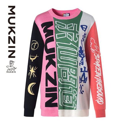 MUKZIN Kint Asymmetrical Characters Graphic Black Pink Green Sweater -