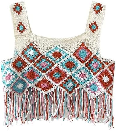 Womens Crochet Boho Tank Top - Sleeveless Floral Beach Summer Tassel Cropped Tops Khaki at Amazon Women’s Clothing store