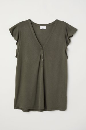 Flounce-sleeved Top | Dark khaki green | WOMEN | H&M US