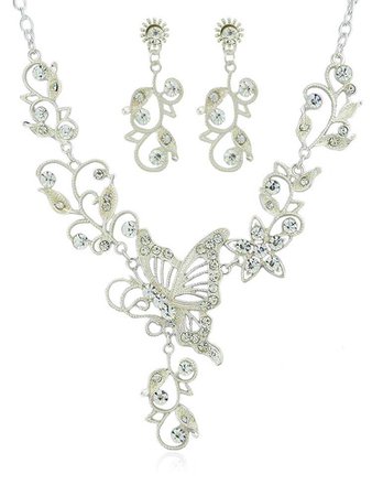 Rhinestone Butterfly Flower Decoration Hanging Necklace with Earrings in Silver | Sammydress.com