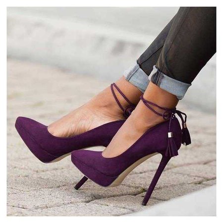 Women's Purple Stiletto Heels Pointy Toe Tassels Ankle Strap Pumps for Big day, Anniversary | FSJ