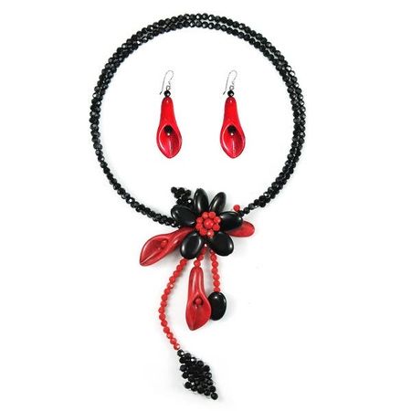 Handmade Floral Goddess Onyx-Red Coral .925 Silver Jewelry Set (Thailand) - Red - Overstock - 34430687