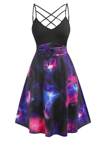 Lace-up Galaxy Print Lattice Backless Cami Dress | Rosegal