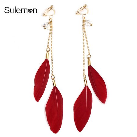 Fashion Feather Earrings No Hole Ear Clips Red Feathers Clip Earrings Without Piercing Women Long Tassels Earring Jewelry CE212|Clip Earrings|Jewelry & Accessories - AliExpress