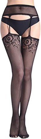 Confonze Women's High Waist Fishnet Tights Suspenders Pantyhose Thigh High Stockings Black (Black-6059) at Amazon Women’s Clothing store