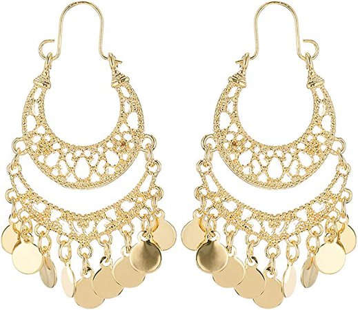 Amazon.com: Bohemian Boho Chandelier Dangle Drop Earrings for Women – Lightweight Filigree Gypsy Coin Disc Tassel Charm Hoops – included Gift Box (Gold): Clothing, Shoes & Jewelry