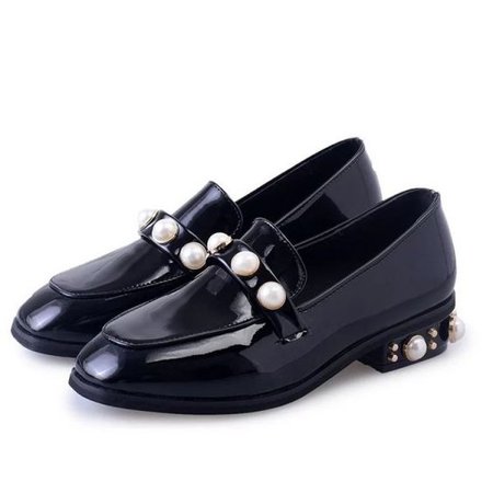Black Patent Leather Square Toe Low Heel Pearls Loafers for Women
