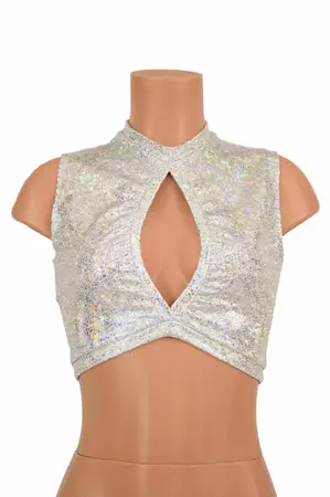 Silver on White Shattered Glass Sleeveless Keyhole Crop Top - Etsy