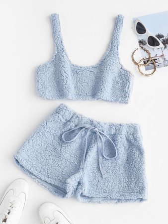 [28% OFF] 2020 Cropped Fluffy Faux Shearling Pajama Set In BABY BLUE | ZAFUL