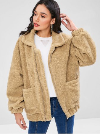 [41% OFF] [HOT] 2020 Fluffy Zip Up Winter Teddy Coat In CAMEL BROWN | ZAFUL