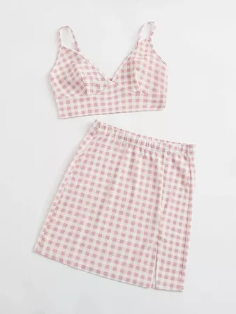 Gingham Bustier Crop Cami Top & Split Hem Skirt Set | SHEIN USA