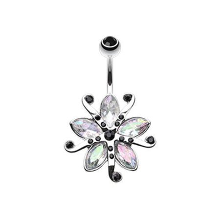 Black/Aurora Borealis Glistening Lily Blossome Flower Belly Button Ring - * Rebel Bod *