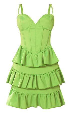 PLT Bright Green Strappy Corset Tiered Skater Dress