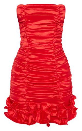 Red Woven Ruffle Frill Hem Bandeau Bodycon Dress | PrettyLittleThing