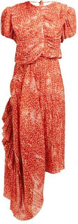 Ronnie Floral Print Asymmetric Plisse Midi Dress - Womens - Red Print